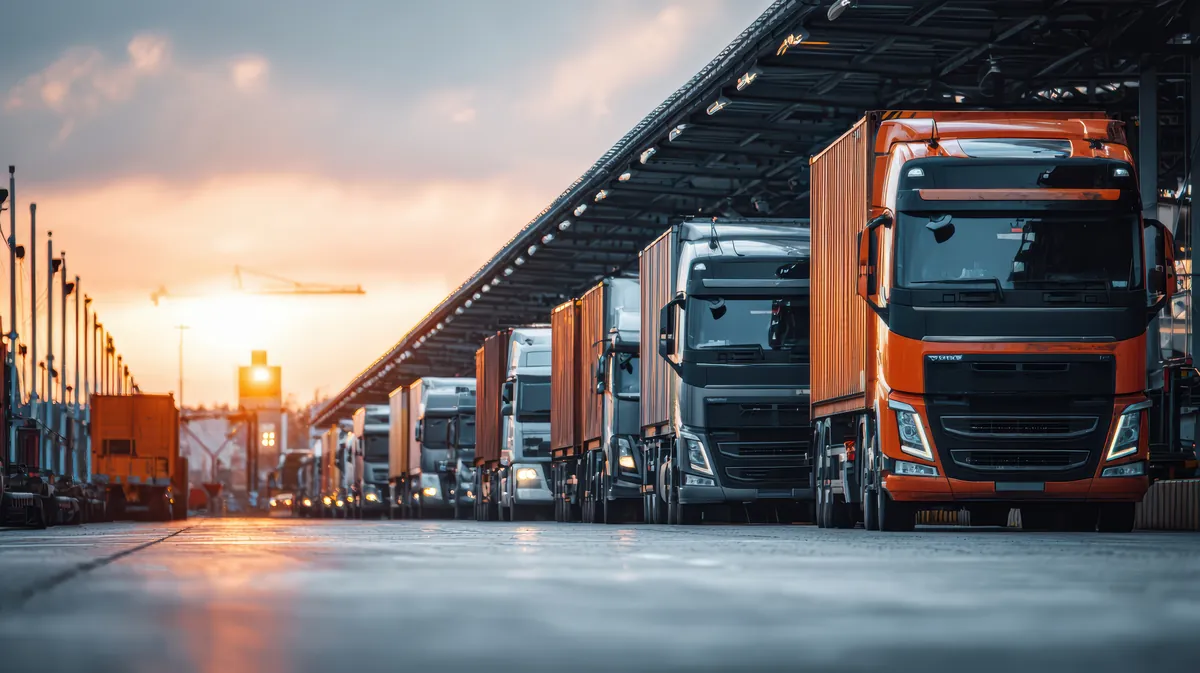 Commercial trucks at a logistics hub for a transportation client