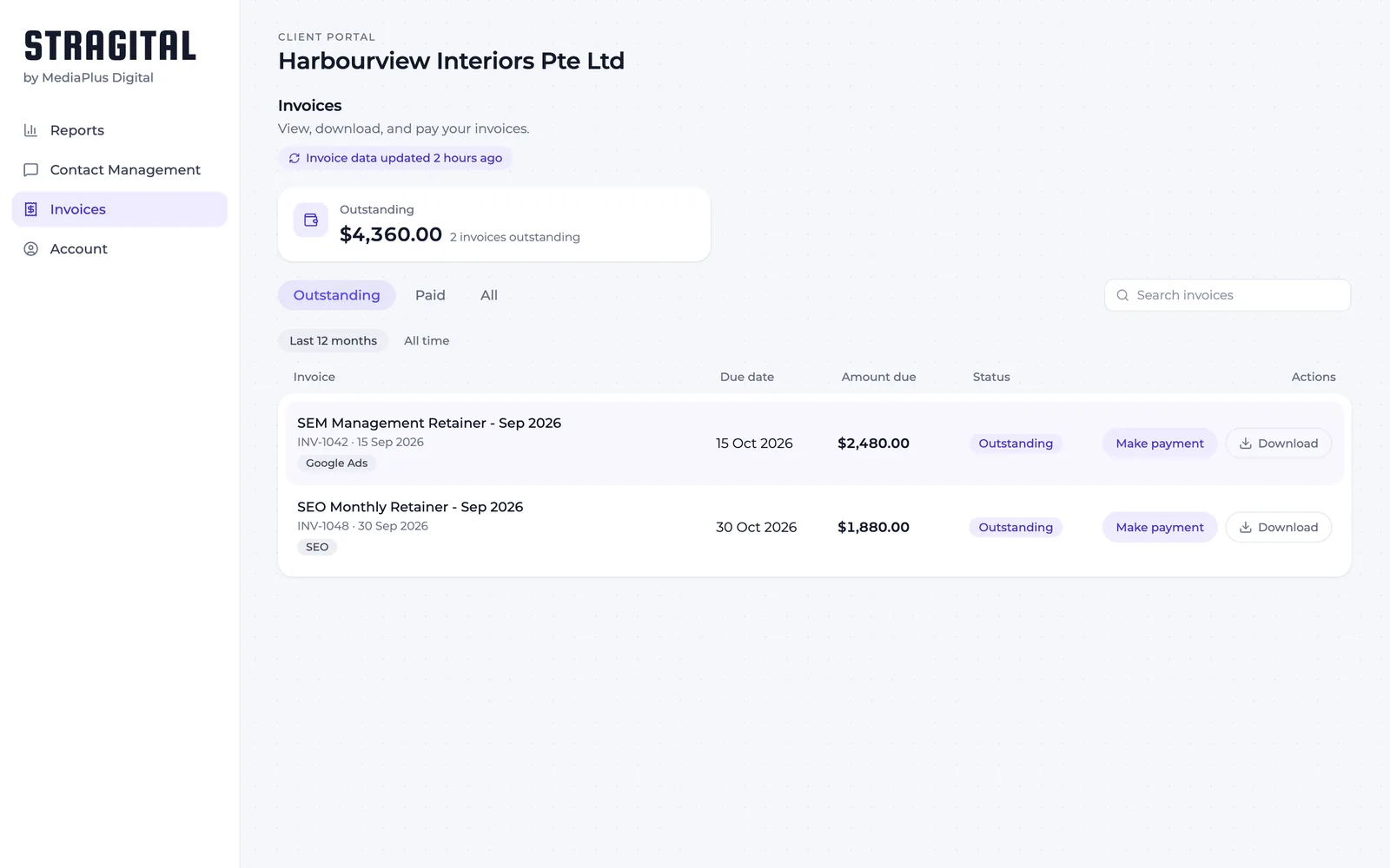 Stragital client portal invoices page